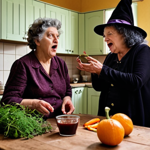 Home 18 **Prompt:** Bibi Blocksberg and her mother, Barbara, in their kitchen. Barbara, a witch and pharmacist, is accidentally turning the garden into a field of flowers while trying to create a new cough syrup recipe. Capture the humor and chaos of the scene.
