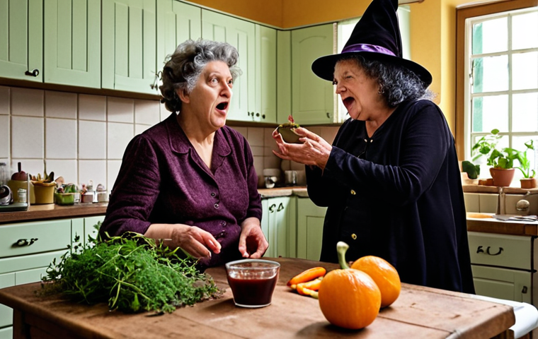 **Prompt:** Bibi Blocksberg and her mother, Barbara, in their kitchen. Barbara, a witch and pharmacist, is accidentally turning the garden into a field of flowers while trying to create a new cough syrup recipe. Capture the humor and chaos of the scene.