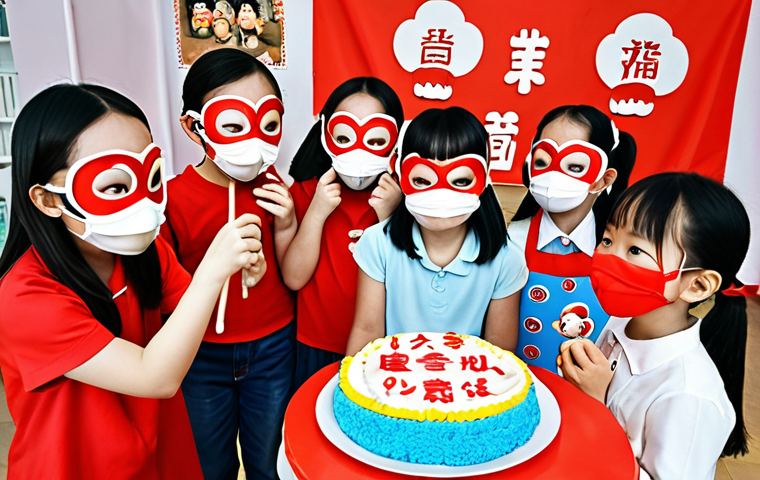 **
A group of children at a Kong Soon-yi themed party. They are wearing homemade Kong Soon-yi masks, baking a cake decorated with Kong Soon-yi characters, and having fun playing games. Focus on the joy and creativity.
**