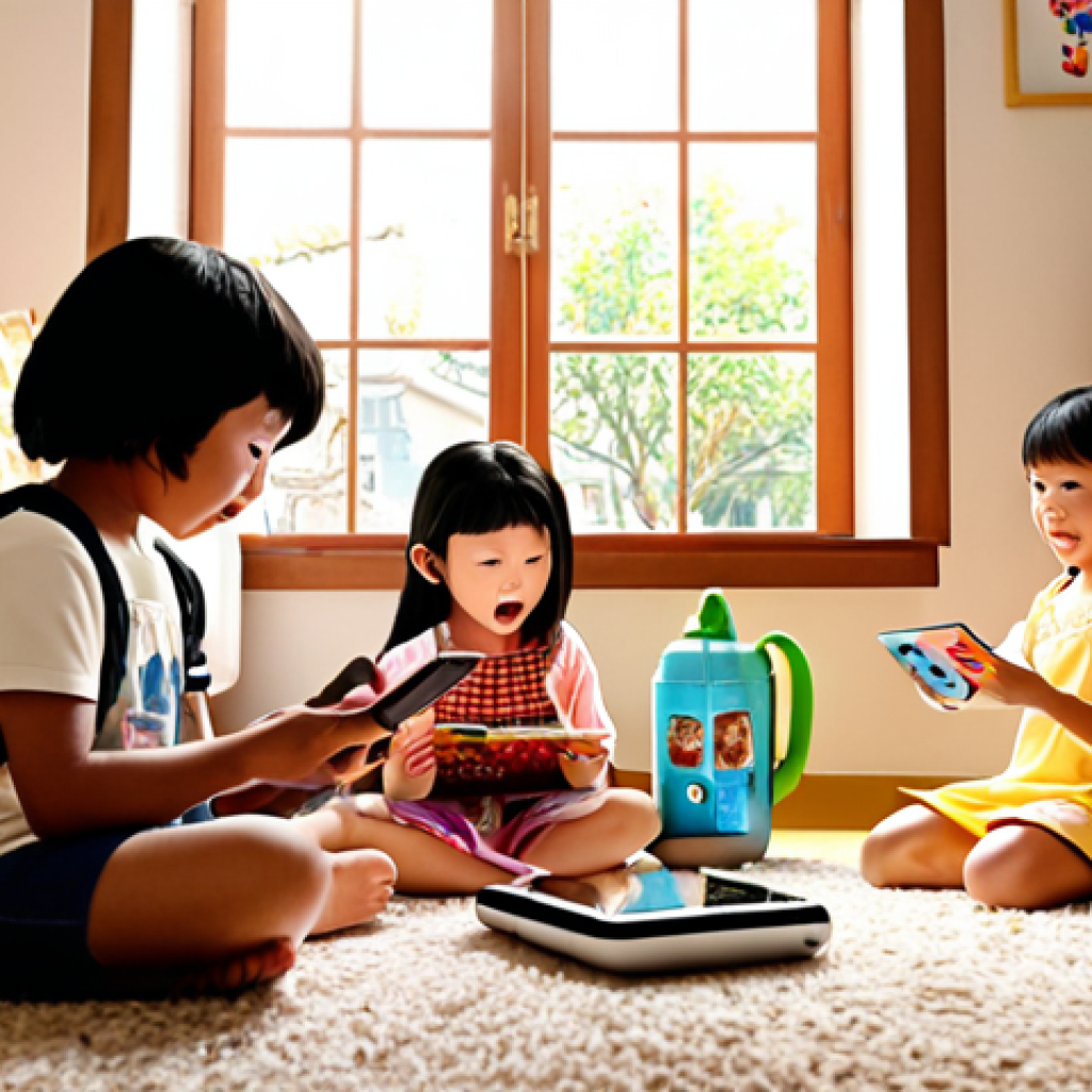 **Prompt:** A group of diverse children joyfully watching "Kongsuni" on a tablet in a cozy living room. The scene is brightly lit, showcasing toys and merchandise related to "Kongsuni" like dolls and backpacks scattered around. A window shows a sunny day with a focus on environmental elements like trees and recycling bins outside, emphasizing the show's sustainability themes. The overall style should be vibrant and cartoonish, appealing to children.