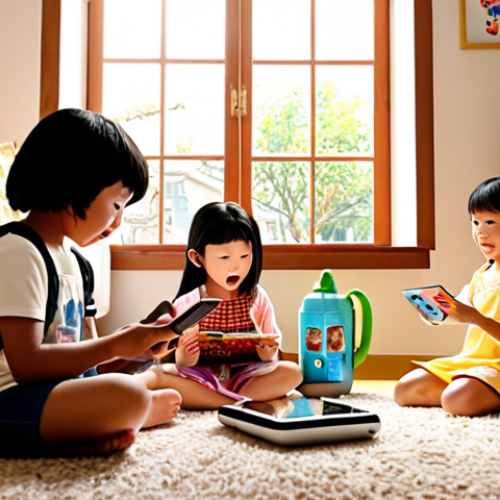 **Prompt:** A group of diverse children joyfully watching "Kongsuni" on a tablet in a cozy living room. The scene is brightly lit, showcasing toys and merchandise related to "Kongsuni" like dolls and backpacks scattered around. A window shows a sunny day with a focus on environmental elements like trees and recycling bins outside, emphasizing the show's sustainability themes. The overall style should be vibrant and cartoonish, appealing to children.