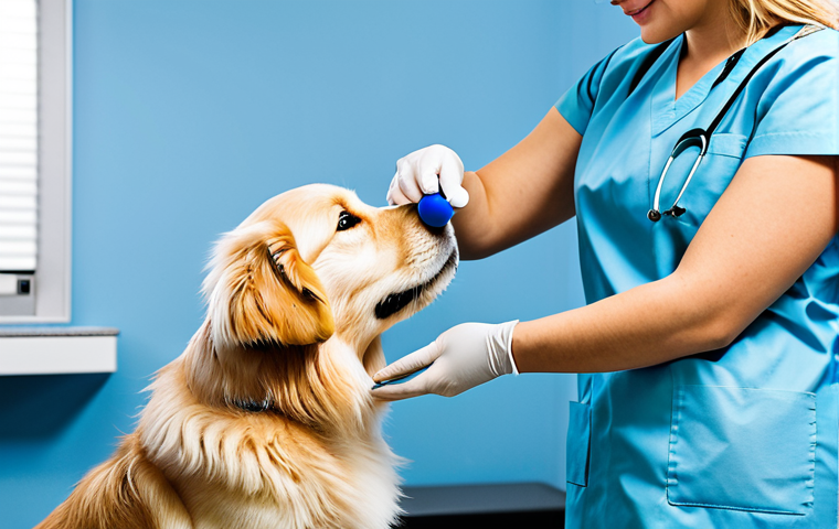 **Image Prompt:** A professional female veterinarian in a clean, bright clinic examining a fluffy Golden Retriever puppy, fully clothed in appropriate medical attire, safe for work, perfect anatomy, well-formed hands, natural pose, professional setting, animal care, modest and family-friendly.