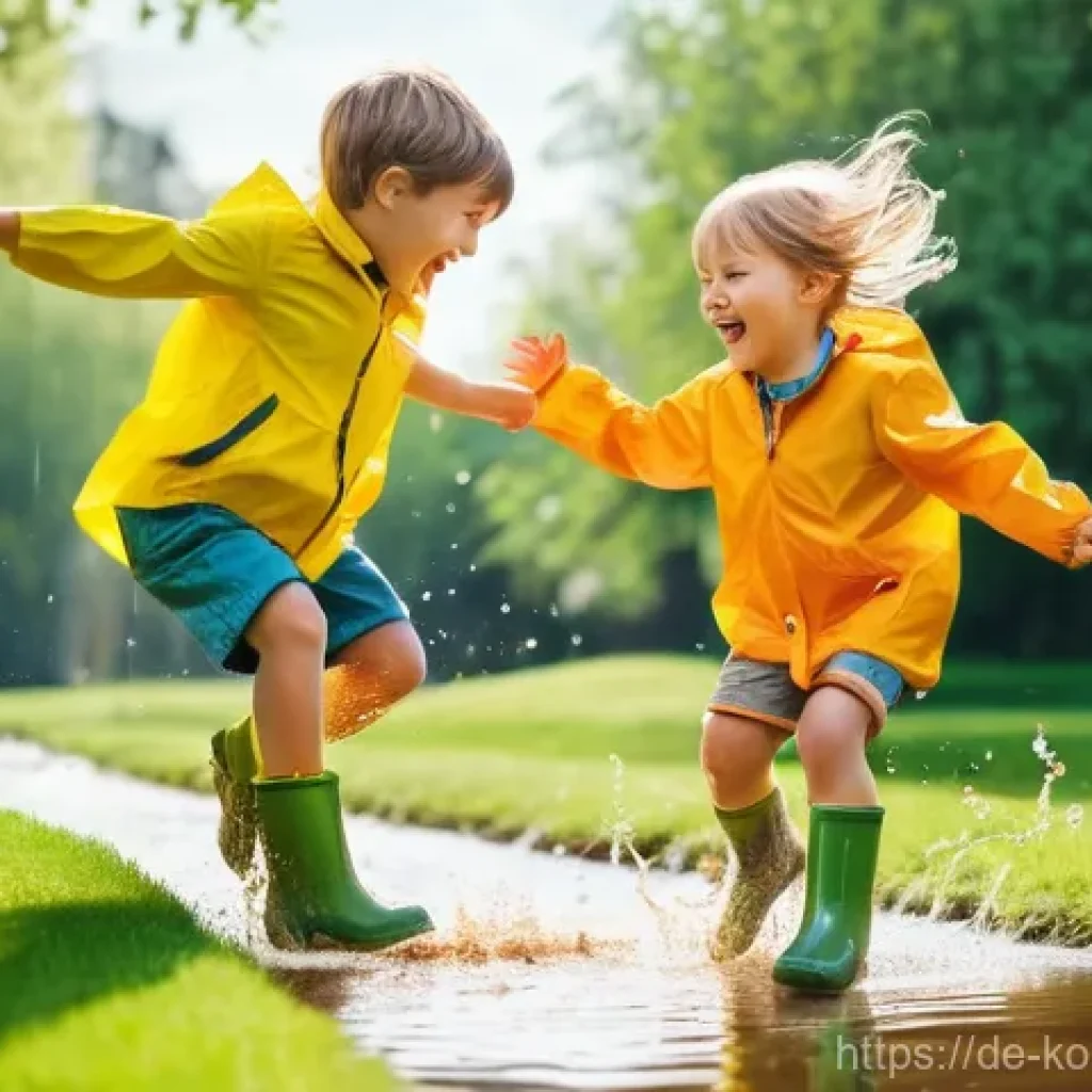 콩순이와 부모 역할의 상관관계 - A joyful young girl and a younger boy, both dressed in vibrant raincoats and bright yellow wellingto...