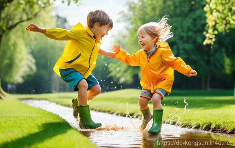 콩순이와 부모 역할의 상관관계 - A joyful young girl and a younger boy, both dressed in vibrant raincoats and bright yellow wellingto...