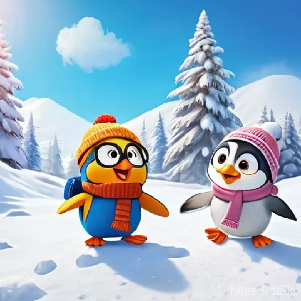 콩순이 제작사와 협력사 - **Prompt:** A heartwarming and vibrant scene featuring Pororo the Little Penguin and his friends, Cr...