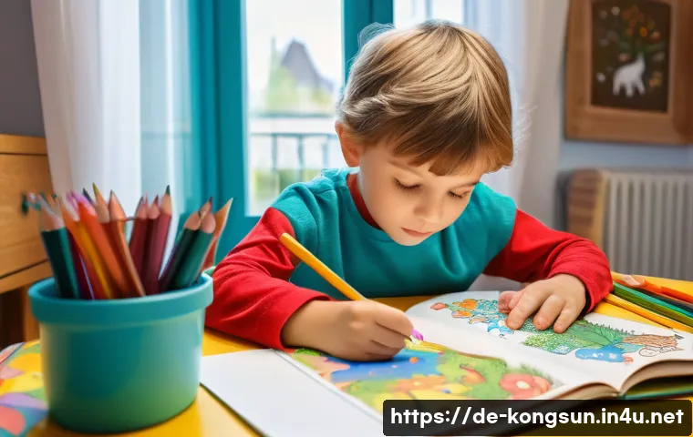 콩순이 컬러링북 - **Prompt 1: Child's Creative Focus**
    A close-up shot of a focused German child, around 7 years o...