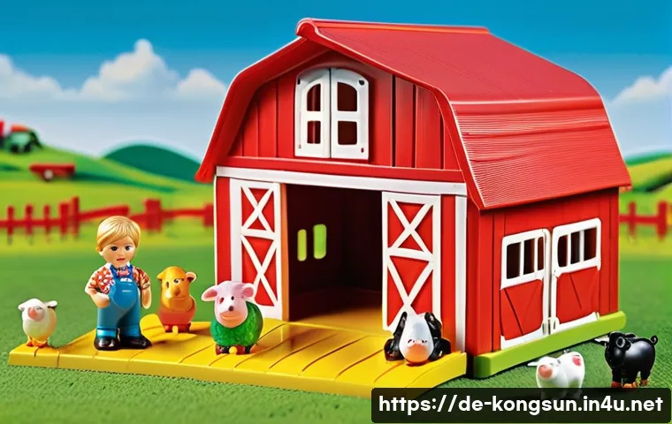 콩순이 완구 할인 정보 - A vibrant, detailed scene of a KongSuni farm playset designed for children aged 3 to 6 years, featur...