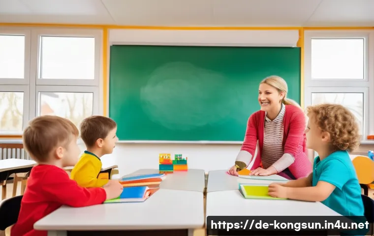 콩순이 콘텐츠와 아동 교육 - A vibrant preschool classroom scene in Germany, showing diverse children aged around 4-5 years engag...