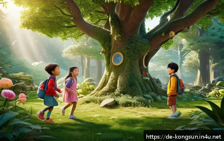 콩순이의 주요 시청 연령대 - A warm, colorful scene featuring a diverse group of Kongsooni characters in a lush, imaginative fore...