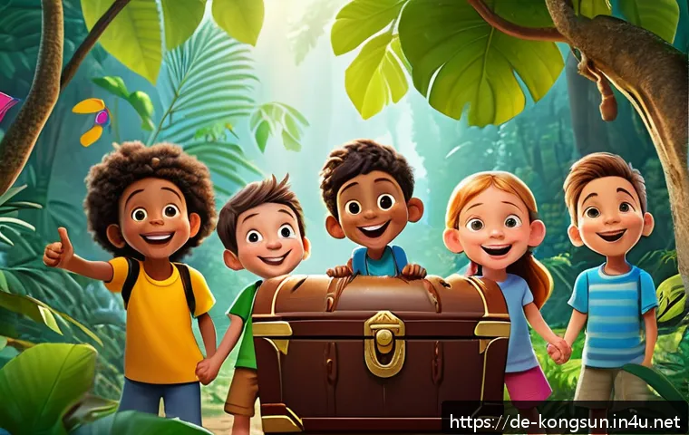 콩순이 인기 영상 순위 - A vibrant and colorful animated scene showing a group of diverse children aged around 5-7 years old,...
