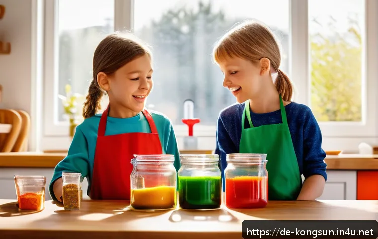 콩순이와 함께하는 과학 놀이 - A cozy German kitchen scene featuring a parent and two children wearing casual clothes and aprons, e...