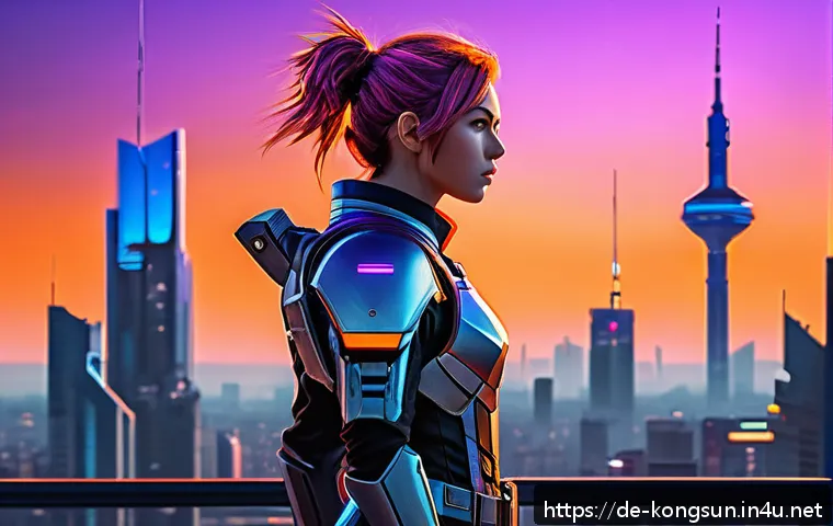 콩순이 팬 아트 대회 - A dynamic fan art scene featuring a courageous anime character standing on a futuristic city rooftop...