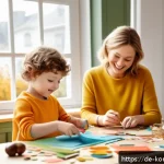 Home 22 콩순이와 함께하는 DIY - A cozy family crafting afternoon scene in a bright, well-lit living room corner with a large wooden ...