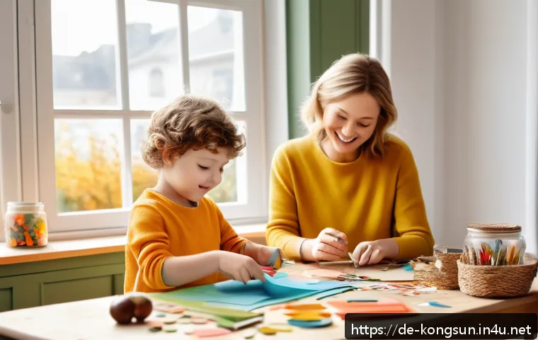 콩순이와 함께하는 DIY - A cozy family crafting afternoon scene in a bright, well-lit living room corner with a large wooden ...