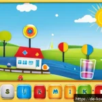 Home 21 콩순이 관련 기업 전략 - A vibrant, child-friendly digital learning app interface displayed on a tablet, featuring colorful b...