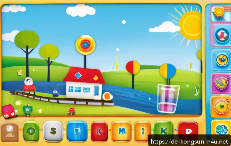 콩순이 관련 기업 전략 - A vibrant, child-friendly digital learning app interface displayed on a tablet, featuring colorful b...