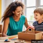 Home 20 콩순이 주제로 다양한 콘텐츠 창작 - A cozy family living room scene showing a mother and two children engaged in creative crafting using...