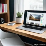 Home 19 콩순이 콘텐츠 크리에이터 지원 - A modern, cozy home office setup for a German content creator in their 30s, featuring a large wooden...