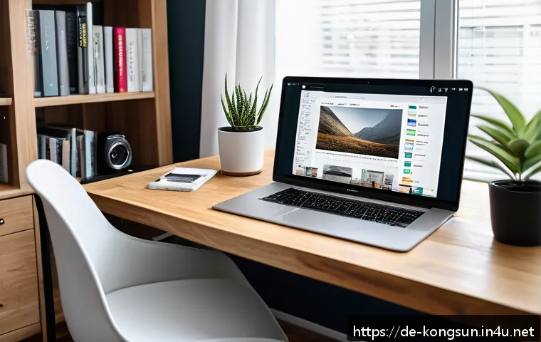 콩순이 콘텐츠 크리에이터 지원 - A modern, cozy home office setup for a German content creator in their 30s, featuring a large wooden...