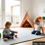 Home 23 콩순이 완구 컬렉션 - A cozy, sunlit children’s playroom in a modern German home featuring a diverse collection of wooden ...