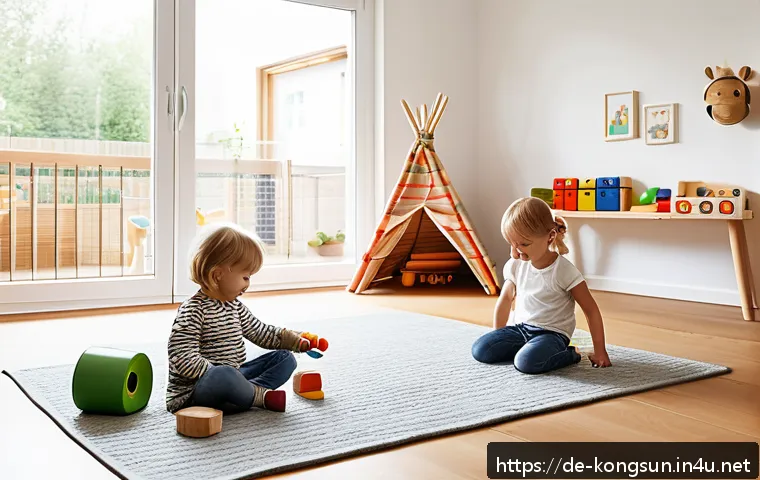 콩순이 완구 컬렉션 - A cozy, sunlit children&rsquo;s playroom in a modern German home featuring a diverse collection of wooden ...