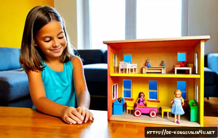 Home 17 콩순이 스토리 전개 - Photorealistic German family living room, a cheerful young girl in casual clothes arranging unbrande...