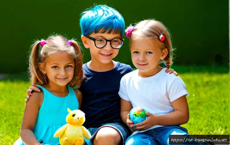 Home 17 콩순이와 친구들 캐릭터별 특징 - Photorealistic friendly group portrait of five distinct preschool-age friends in a bright German kin...