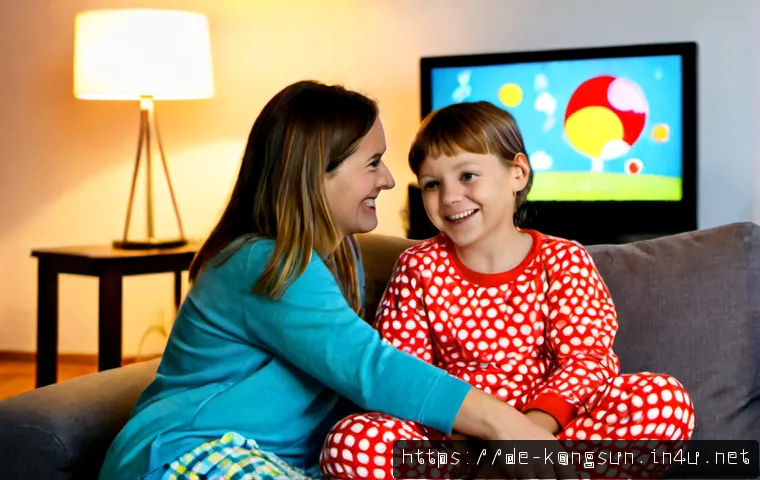 Home 17 콩순이 애니메이션 줄거리 리뷰 - Photorealistic cozy German family living room, a cheerful young girl in colorful pajamas sitting wit...