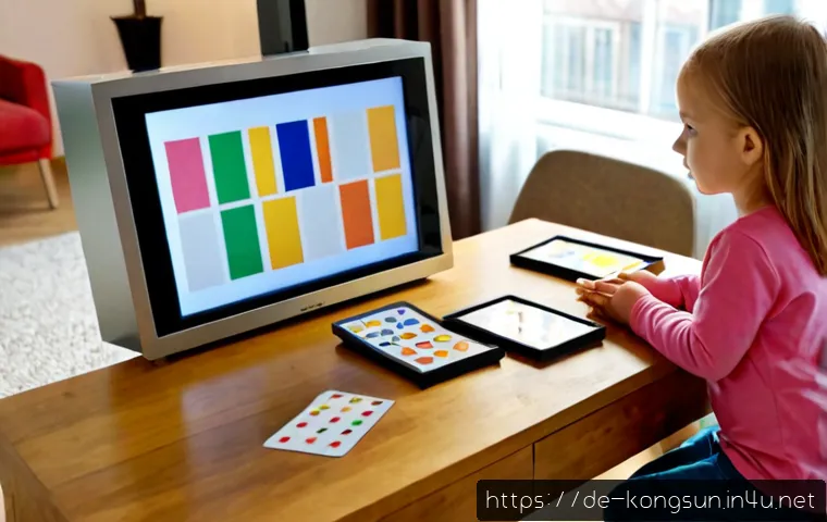 콩순이 에피소드 주제별 정리 - Photorealistic German family living room, a mother and young child organizing colorful picture cards...