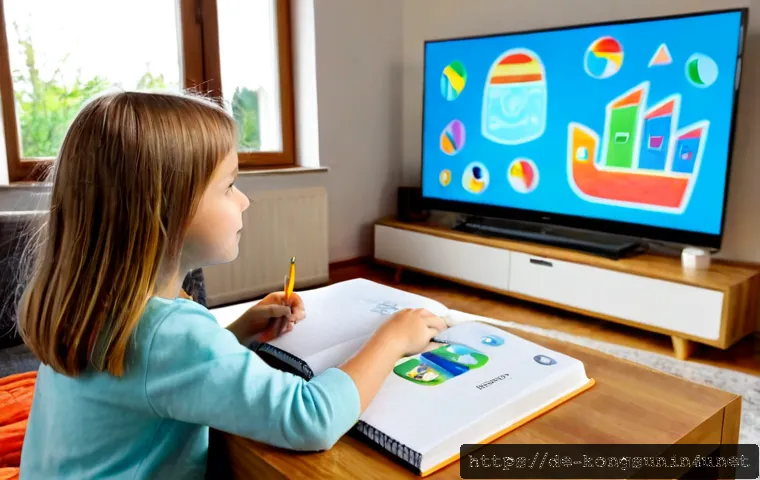 콩순이 콘텐츠 분석 - Photorealistic German family living room, a parent and a school-age child thoughtfully reviewing col...
