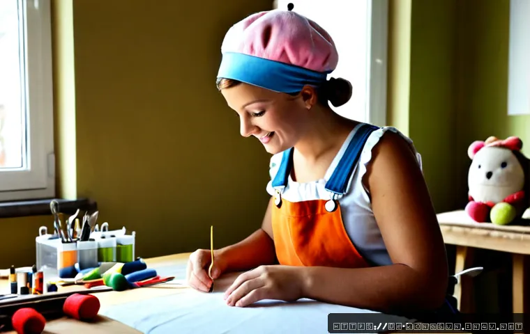 Home 17 콩순이 관련 코스튬 제작자 - Photorealistic German costume designer in a bright, organized atelier, carefully sewing a cheerful o...